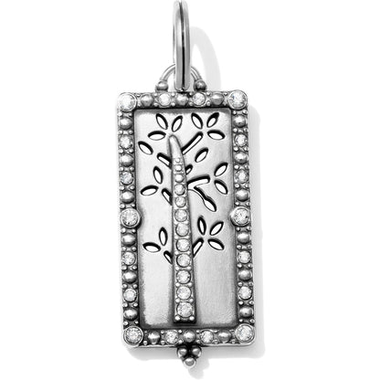 Brighton rectangular charm with silver-plated cutout tree design and crystal-accented border with split ring on a white background