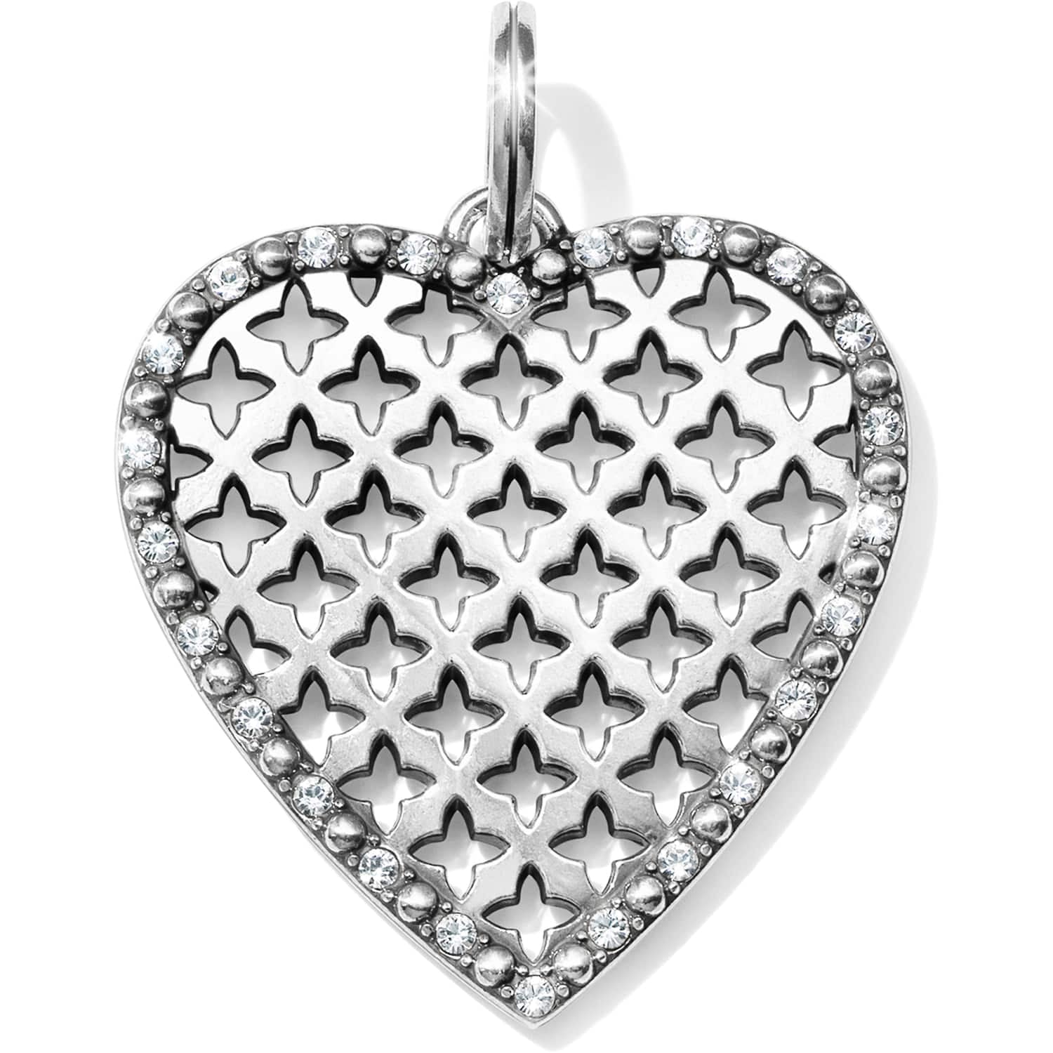 Brighton heart pendant charm with silver-plated lattice cutout design and crystal-lined border on a white background