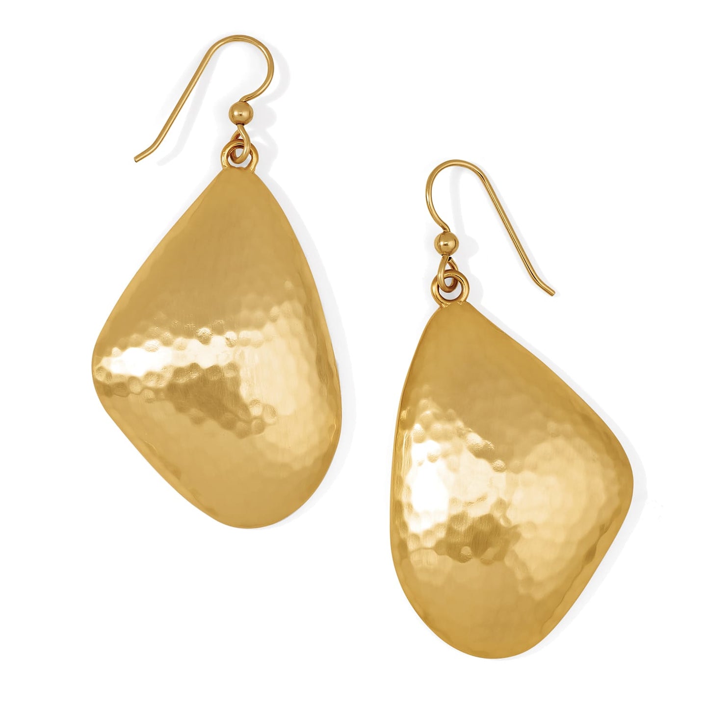 Brighton drop earrings with hammered brushed gold-plated teardrop shapes and French wire hooks on a white background