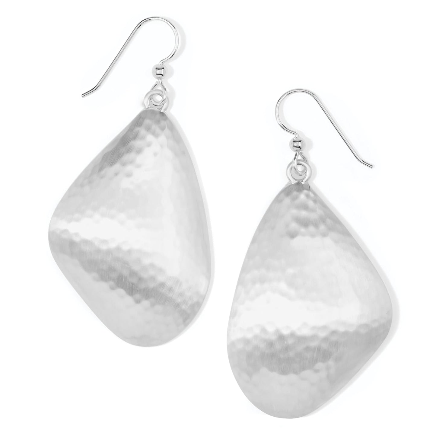 Brighton drop earrings with large hammered brushed silver-plated teardrop shapes and French wire hooks on a white background