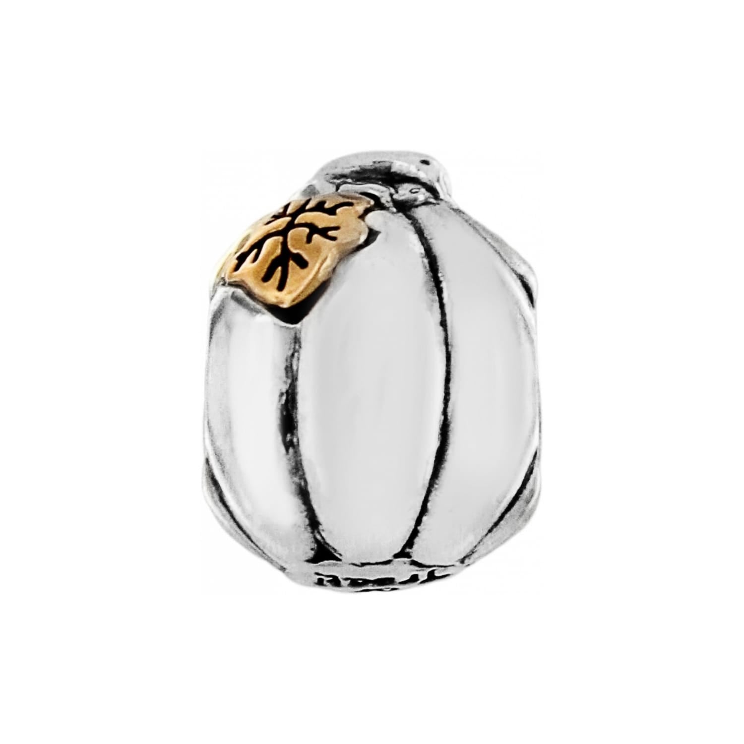 Brighton pumpkin charm with silver-plated ridged body and gold-tone leaf accent on a white background