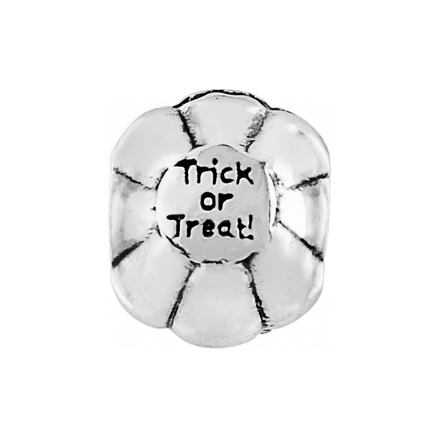 Brighton pumpkin charm bead with engraved Trick or Treat text and silver-plated ribbed finish on a white background