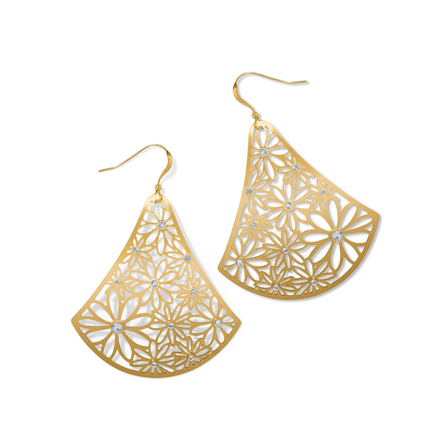 Brighton drop earrings in brushed gold-plated finish with cutout floral pattern and crystal accents on a white background
