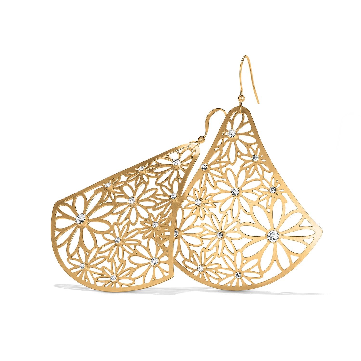 Brighton drop earrings with brushed gold-plated fan shape, cut-out daisy pattern, and crystal accents on a white background