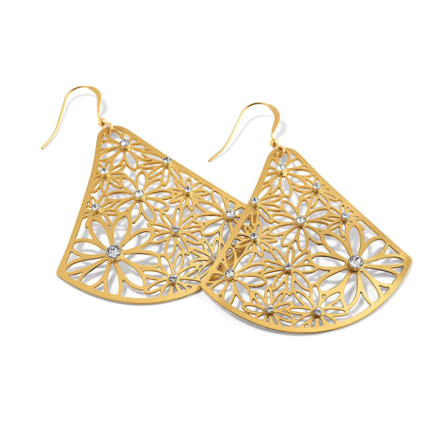 Brighton drop earrings with brushed gold-plated fan-shaped floral cutout design and crystal accents on a white background