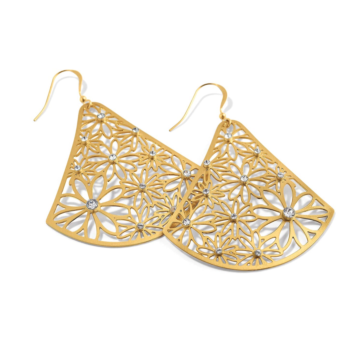 Brighton drop earrings with brushed gold-plated fan-shaped floral cutout design and crystal accents on a white background