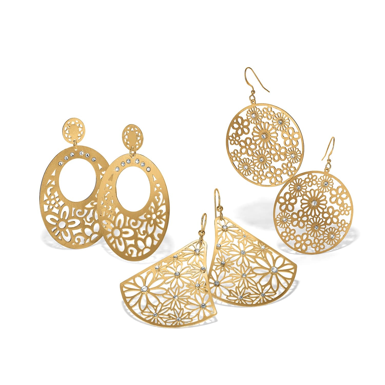Brighton drop earrings in brushed gold-plated finish with filigree floral cutouts and crystal accents on a white background