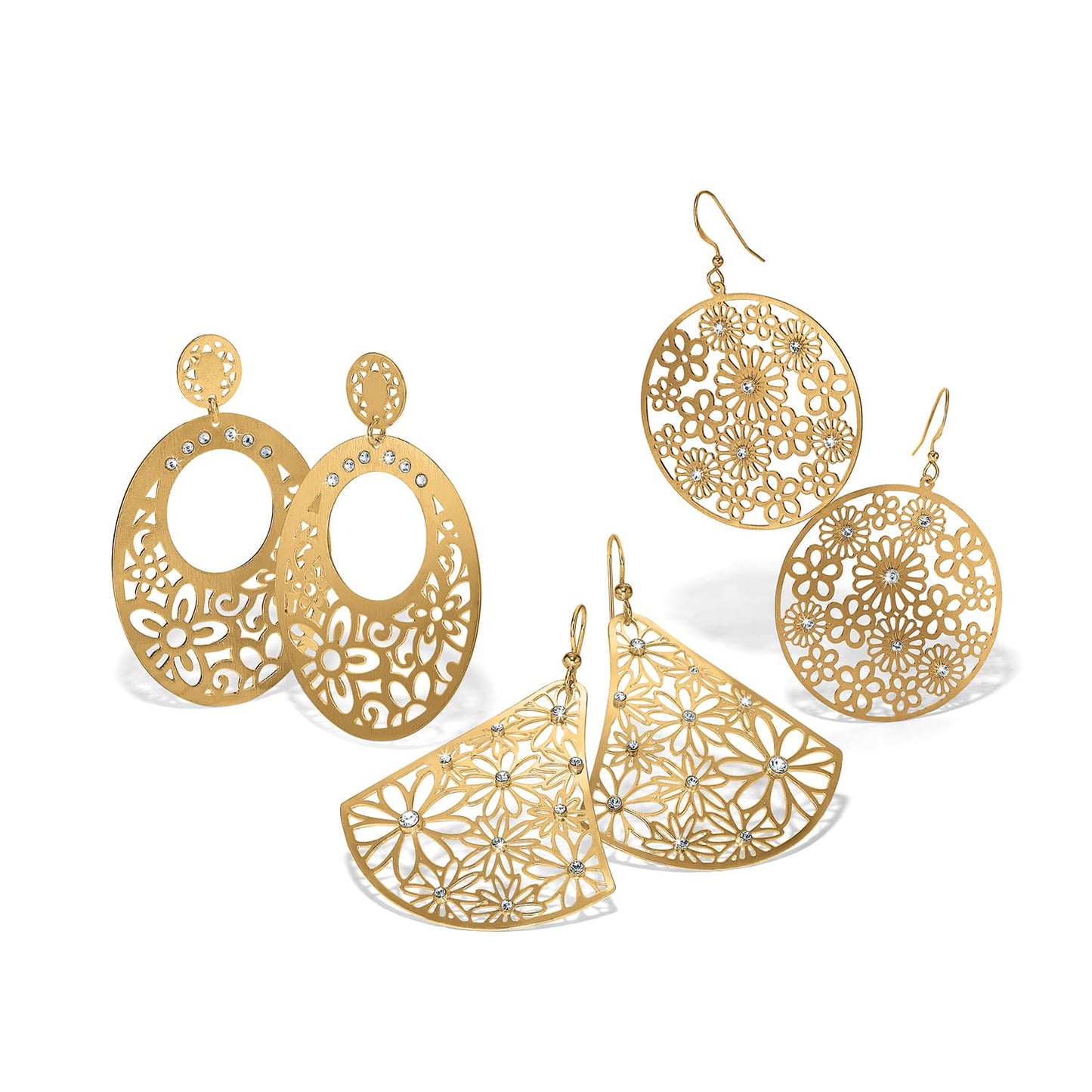 Brighton drop earrings in brushed gold-plated finish with filigree floral cutouts and crystal accents on a white background