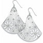 Brighton drop earrings with brushed silver-plated fan shape, cutout daisy pattern, and crystal accents on a white background