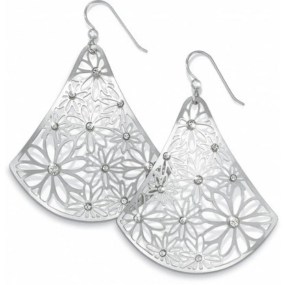 Brighton drop earrings with brushed silver-plated fan shape, cutout daisy pattern, and crystal accents on a white background