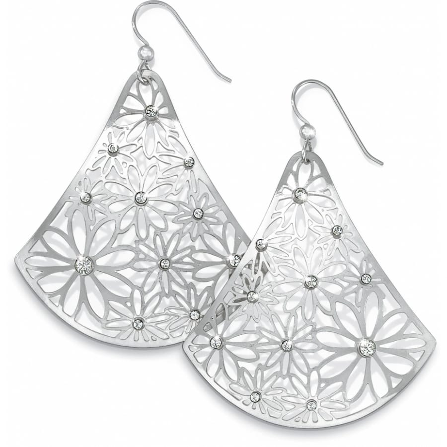 Brighton drop earrings with brushed silver-plated fan shape, cutout daisy pattern, and crystal accents on a white background