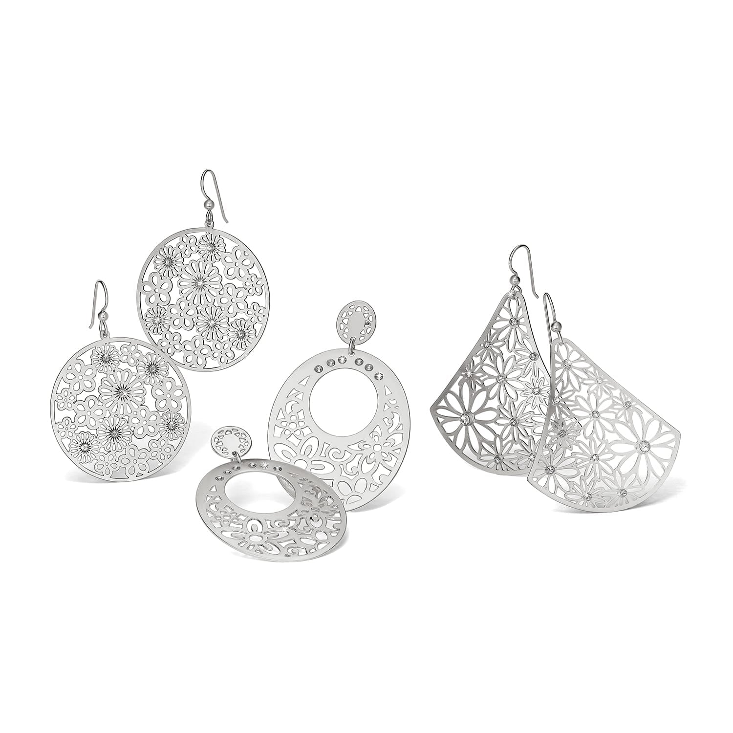 Brighton drop earrings collection with brushed silver-plated floral filigree designs in round and fan shapes on a white background