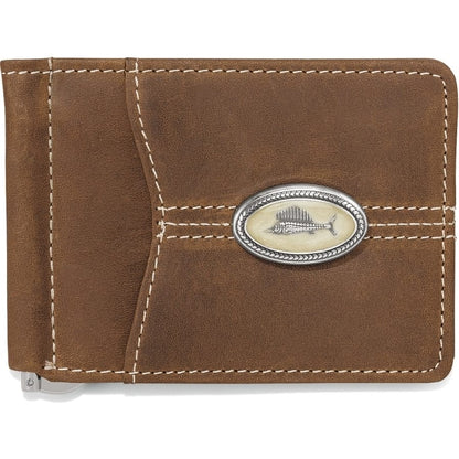 Brighton brown leather money clip wallet with silver-tone fish skeleton concho and contrast stitching on a white background