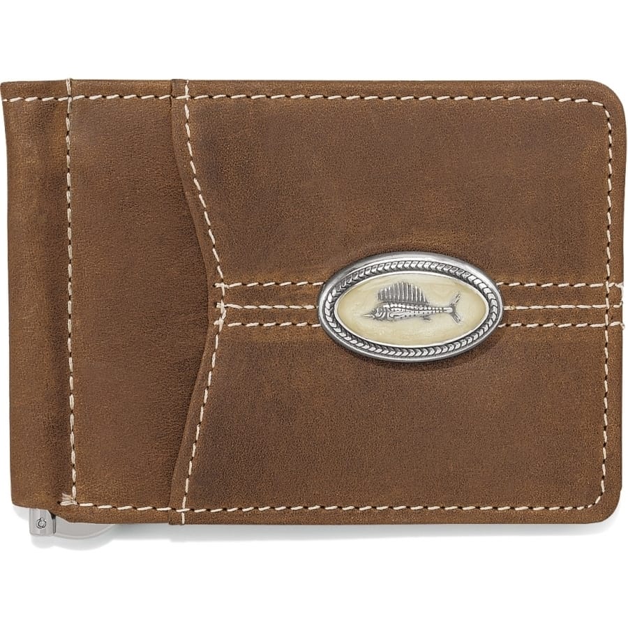 Brighton brown leather money clip wallet with silver-tone fish skeleton concho and contrast stitching on a white background