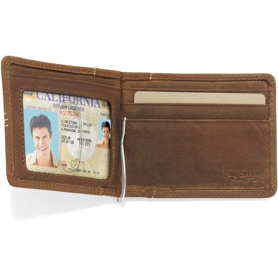 Brighton bifold wallet shown open with brown leather interior, card slots, ID window, and silver-tone money clip on a white background