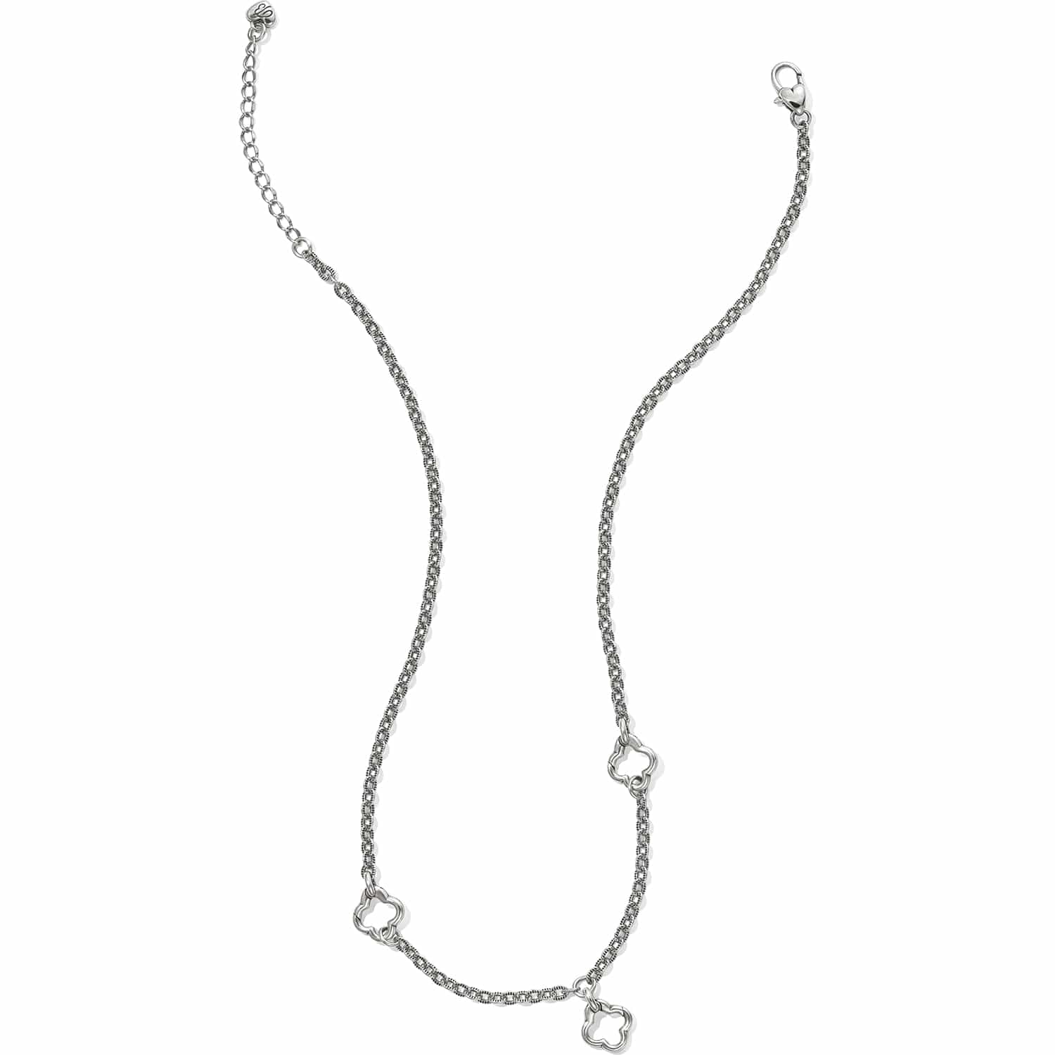Brighton silver-plated station necklace with textured chain links and open quatrefoil accents with lobster clasp on a white background