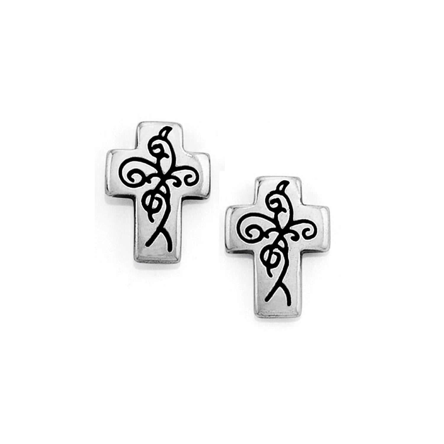Brighton stud earrings with silver-plated cross design and black scroll motif detailing on a white background