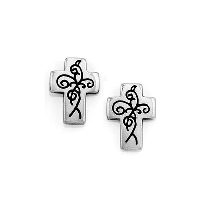Brighton stud earrings with silver-plated cross design and black scroll motif detailing on a white background