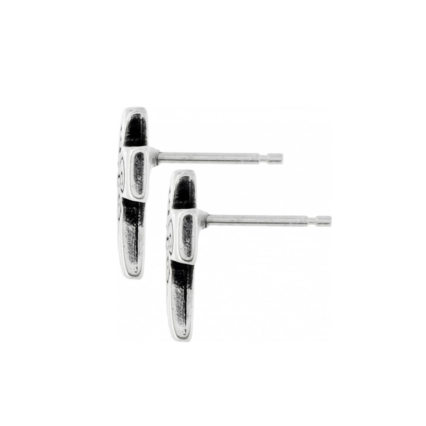 Brighton stud earrings shown from the side with elongated silver-plated design and post backs on a white background