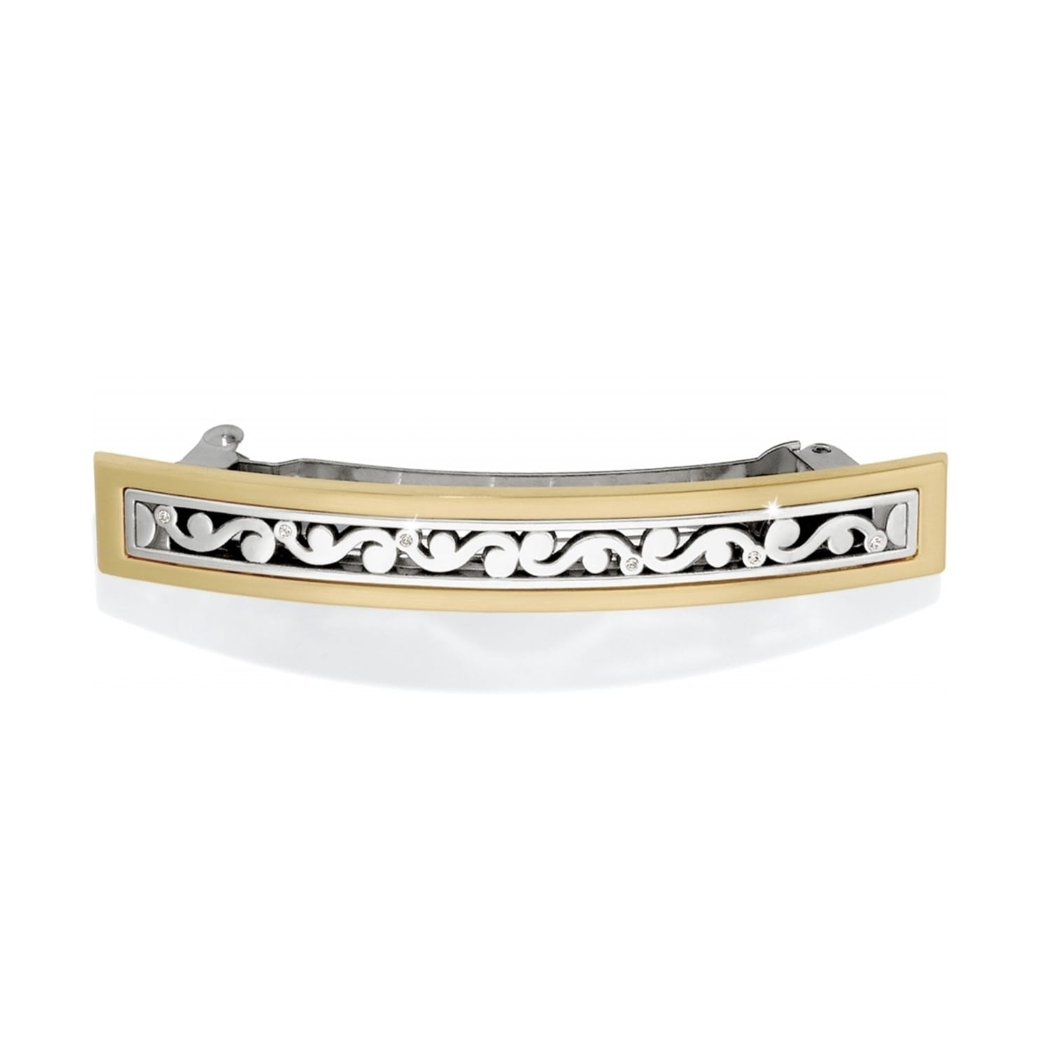 Brighton hair barrette with gold-tone frame and silver-tone scroll design accented with crystals on a white background