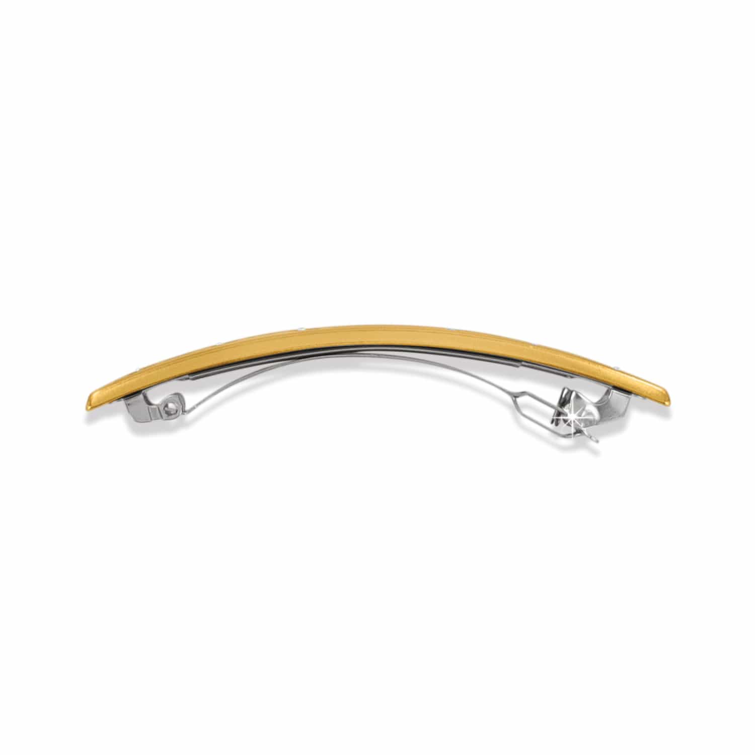 Brighton hair barrette with curved gold-tone bar, silver-tone clasp mechanism, and small crystal accents on a white background