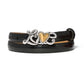 Brighton black croc-embossed leather belt with silver-tone Love script buckle and gold-tone heart accent on a white background