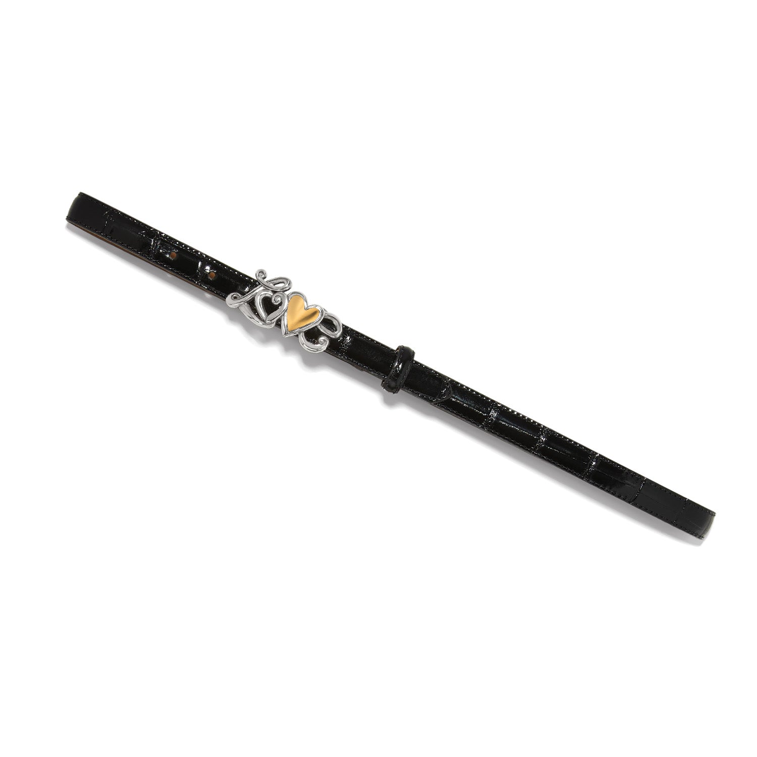 Brighton black croc-embossed leather belt with silver-tone scroll buckle and gold-tone heart accent on a white background