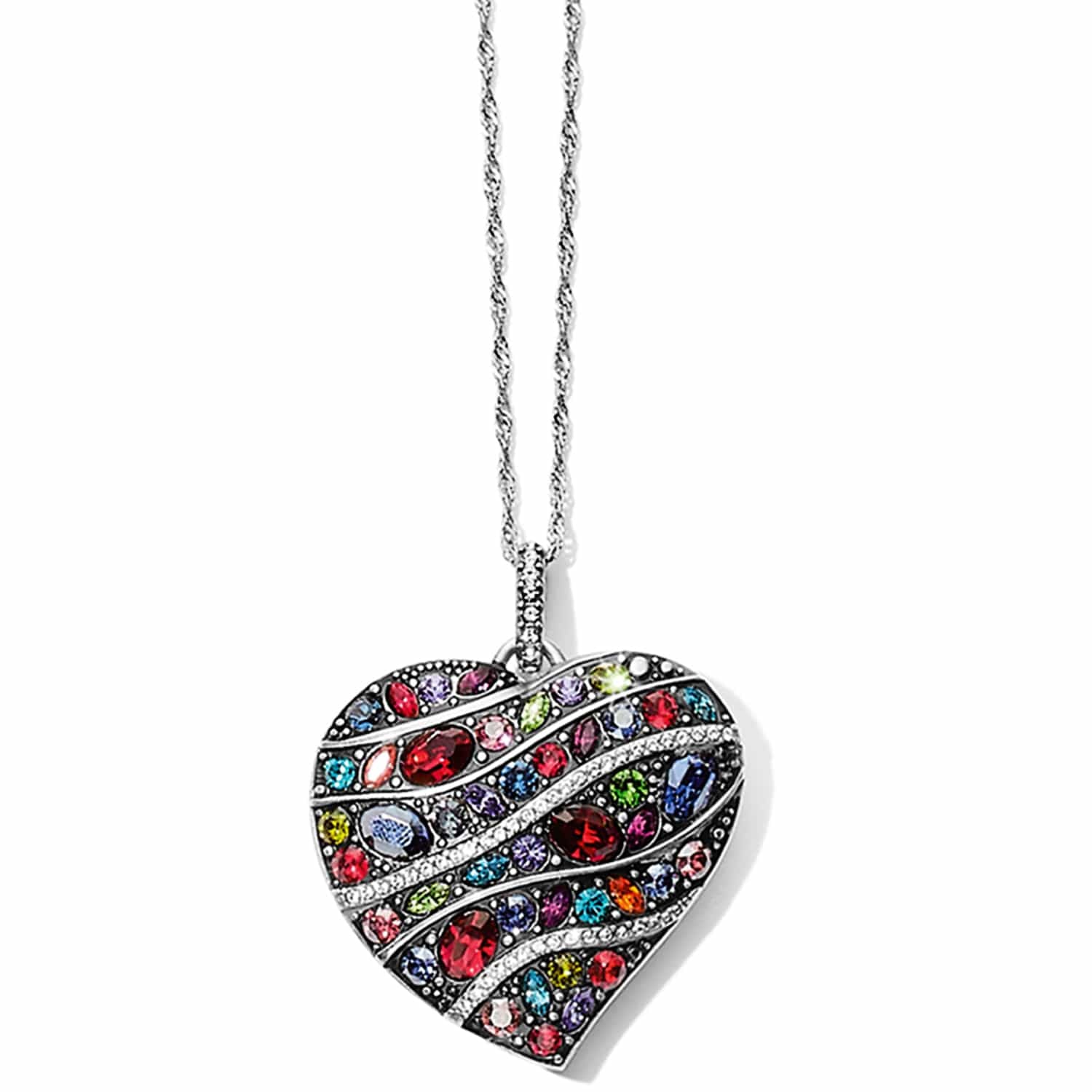 Brighton pendant necklace with silver-plated heart featuring multicolored crystals in wave pattern on a white background