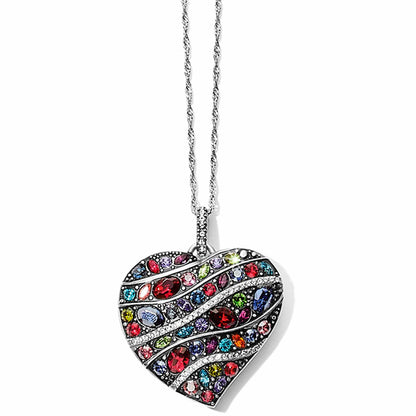 Brighton pendant necklace with silver-plated heart featuring multicolored crystals in wave pattern on a white background