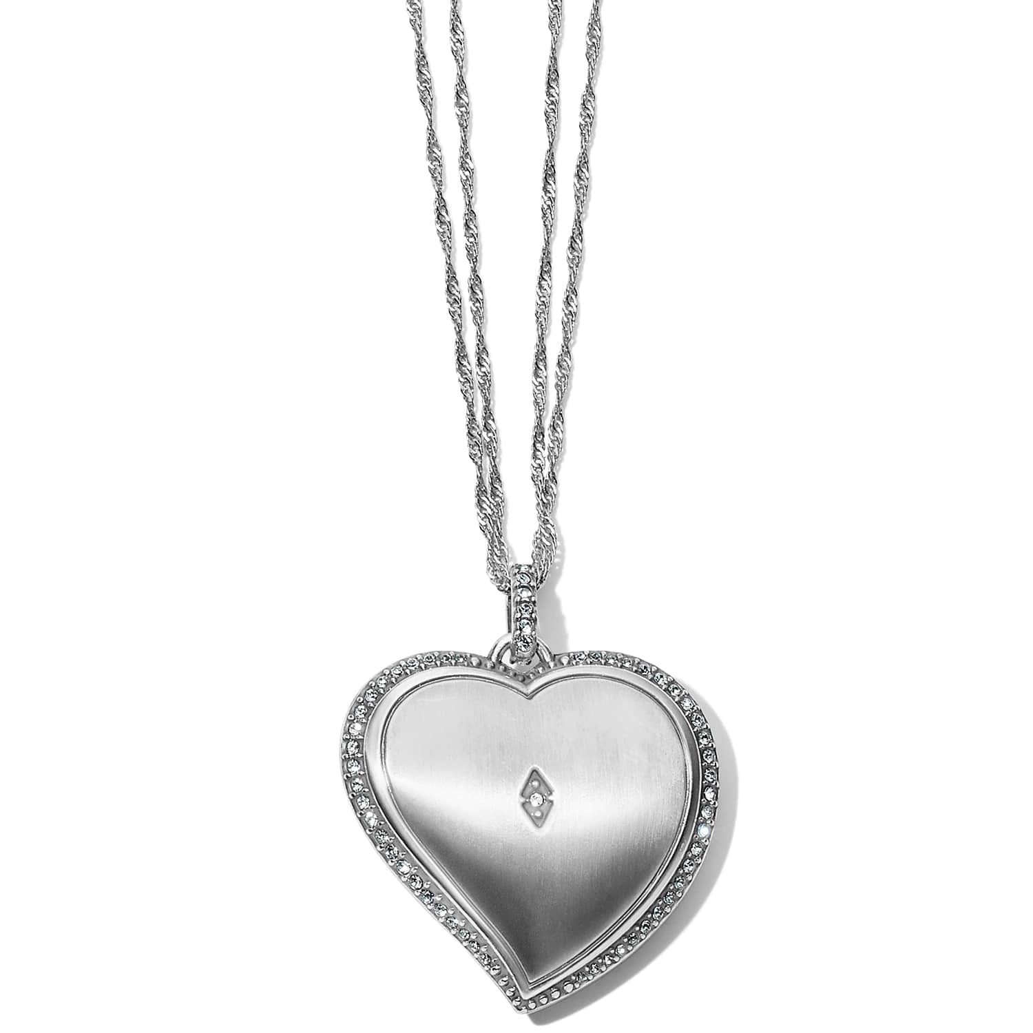 Brighton heart pendant necklace with silver-plated finish, crystal-lined border, and twisted double chain on a white background