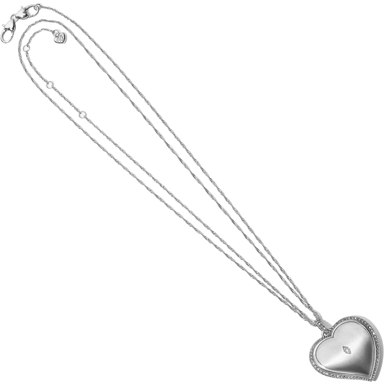 Brighton heart pendant necklace with silver-plated finish and crystal-trimmed border on twisted chain on a white background