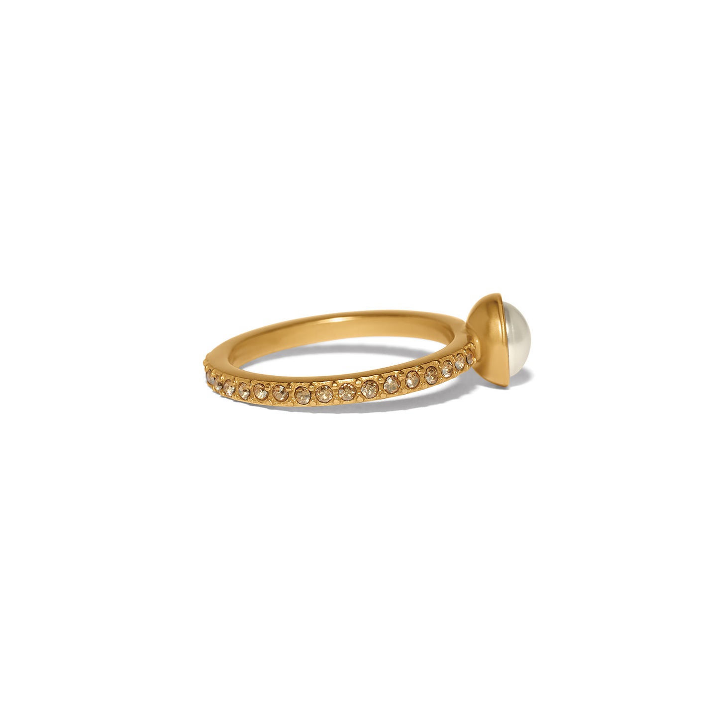 Brighton gold-plated ring with crystal-set band and glass pearl accent, shown from the side, on a white background