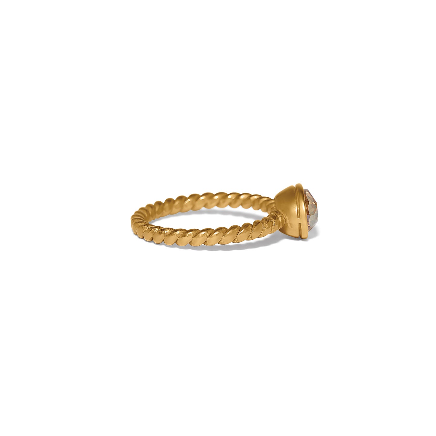 Brighton gold-plated ring shown from the side with twisted rope band and bezel-set crystal on a white background