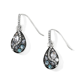 Brighton silver-plated drop earrings with teardrop shape and blue and clear crystal clusters on a white background