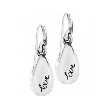 Brighton drop earrings with silver-plated teardrop charms engraved with the word love in script on a white background