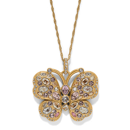 Brighton pendant necklace with gold-plated butterfly design featuring pink and clear crystals on a white background
