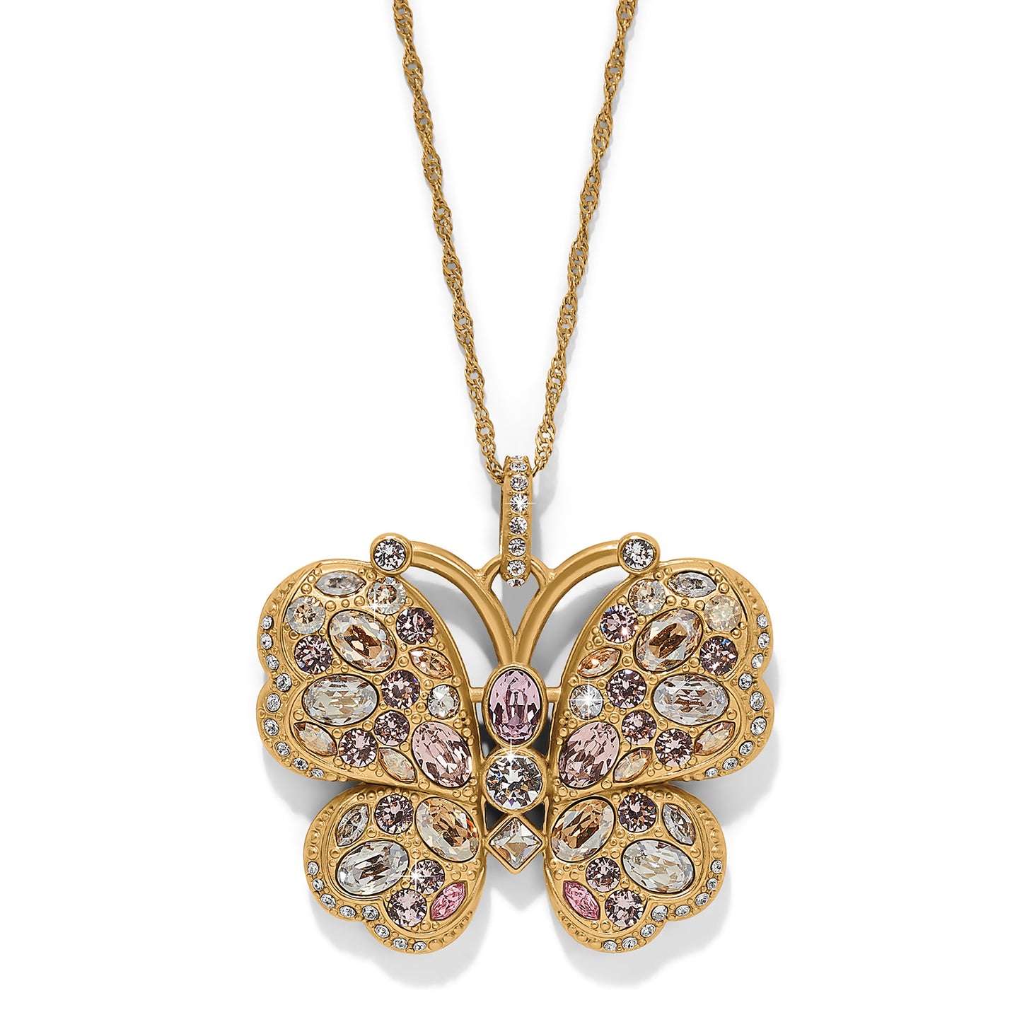 Brighton pendant necklace with gold-plated butterfly design featuring pink and clear crystals on a white background