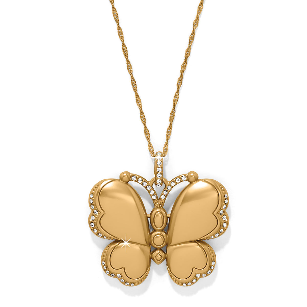 Brighton butterfly pendant necklace in gold-plated finish with crystal-trimmed wings and chain on a white background