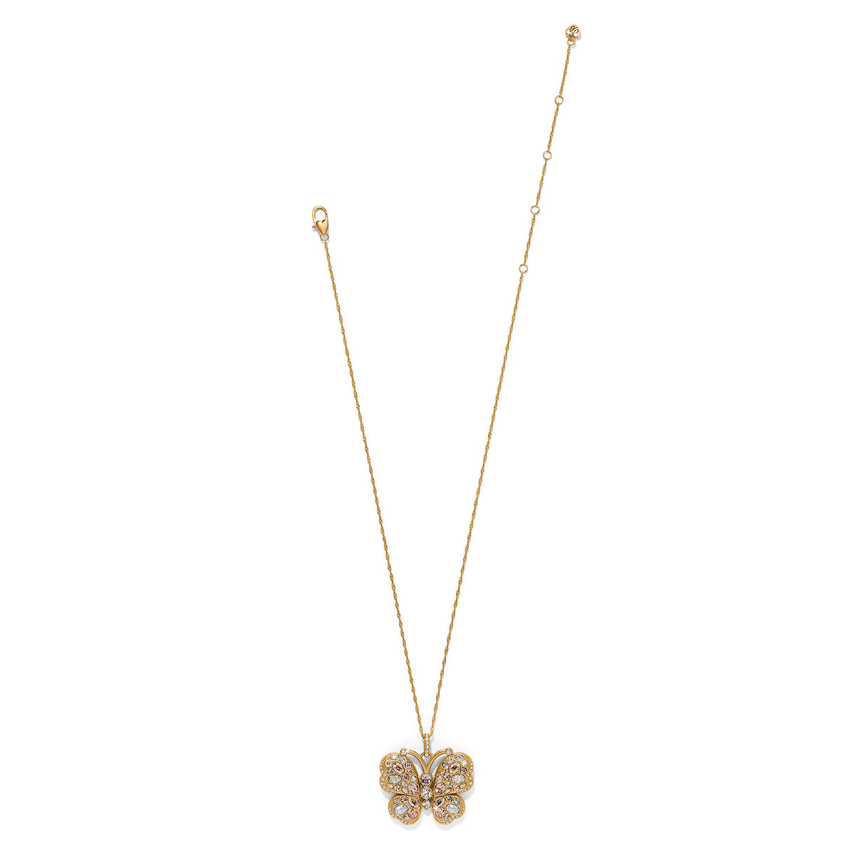 Brighton butterfly pendant necklace with multicolored crystals and gold-plated chain with lobster clasp on a white background