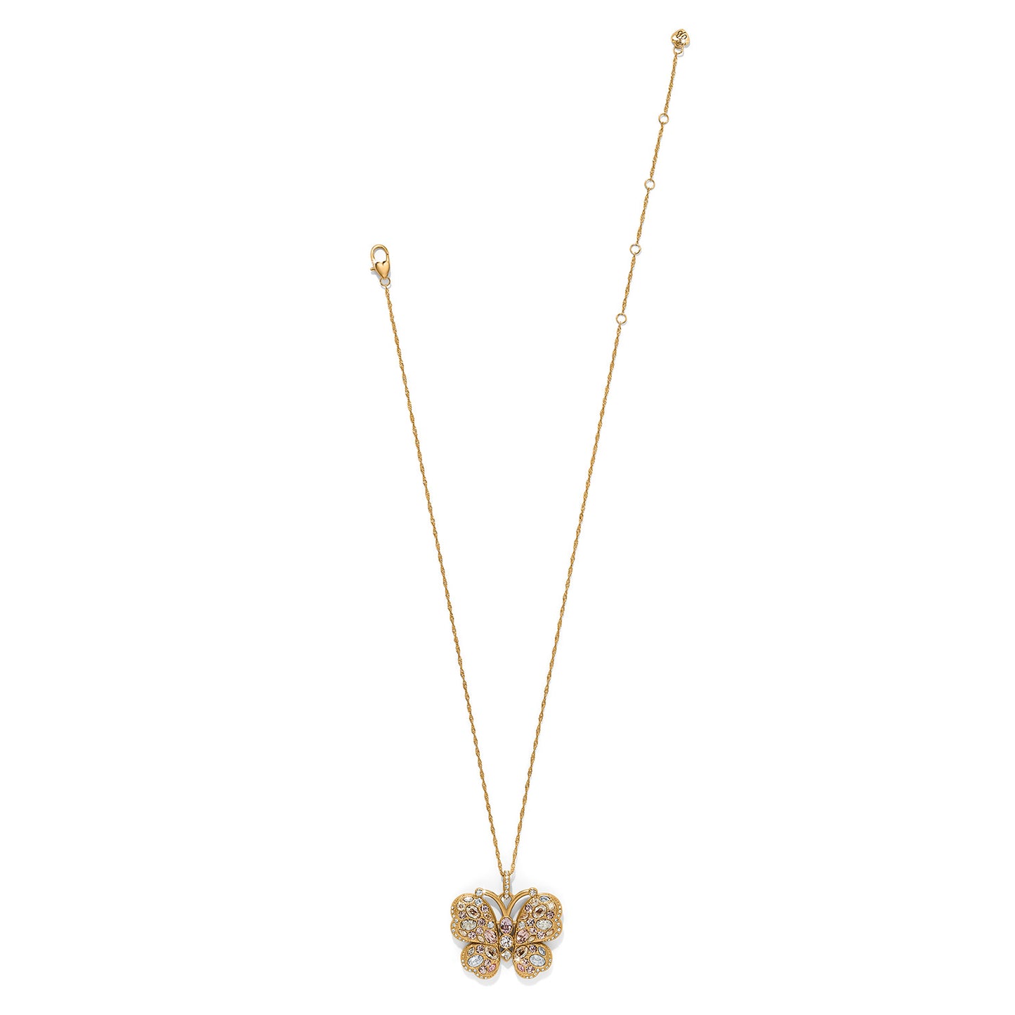 Brighton butterfly pendant necklace with multicolored crystals and gold-plated chain with lobster clasp on a white background