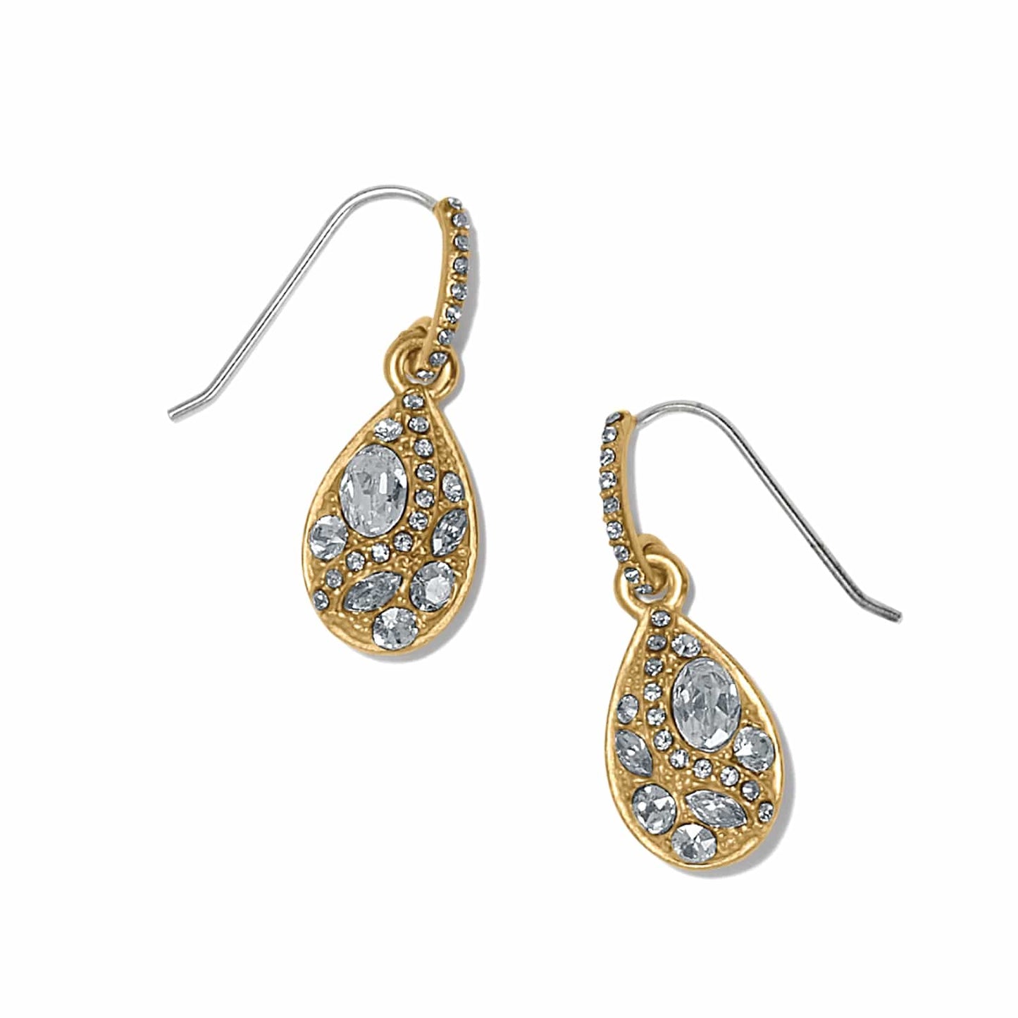 Brighton drop earrings with gold-plated teardrop pendants featuring clustered crystals and crystal-lined hooks on a white background