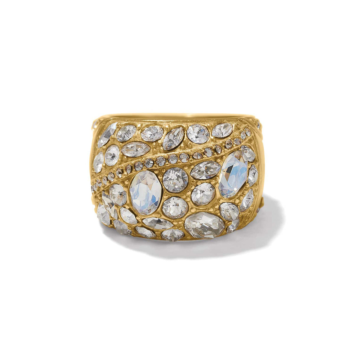 Brighton gold-plated hinged cuff bracelet encrusted with clustered crystal stones in varied shapes on a white background