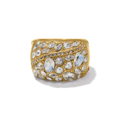 Brighton gold-plated hinged cuff bracelet encrusted with clustered crystal stones in varied shapes on a white background