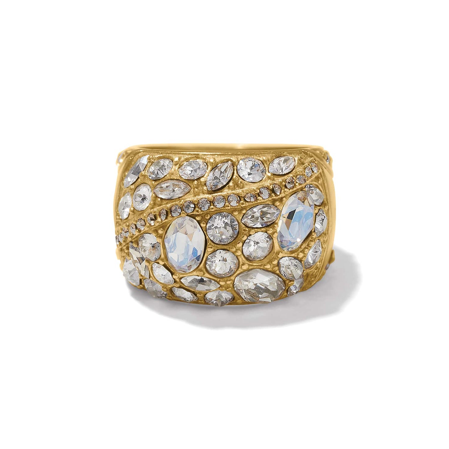 Brighton gold-plated hinged cuff bracelet encrusted with clustered crystal stones in varied shapes on a white background