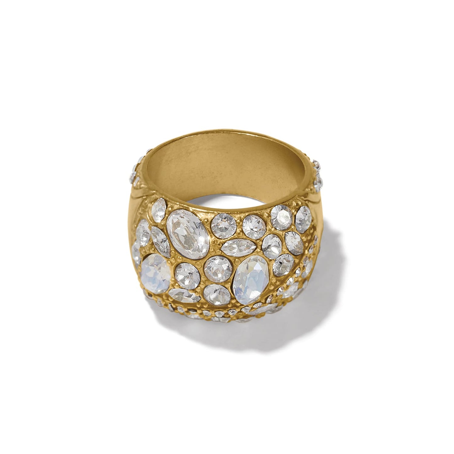 Brighton gold-plated dome ring with clustered fine quality crystals in varied oval and round cuts on a white background