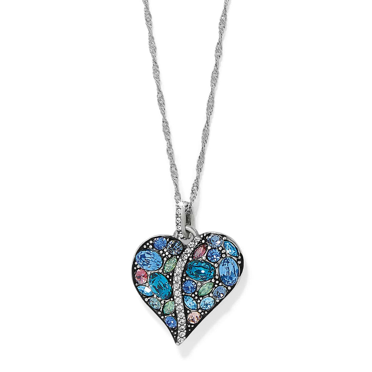 Brighton pendant necklace with multicolored crystal heart and silver-plated chain on a white background