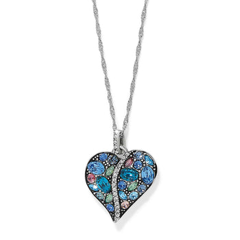 Brighton pendant necklace with multicolored crystal heart and silver-plated chain on a white background