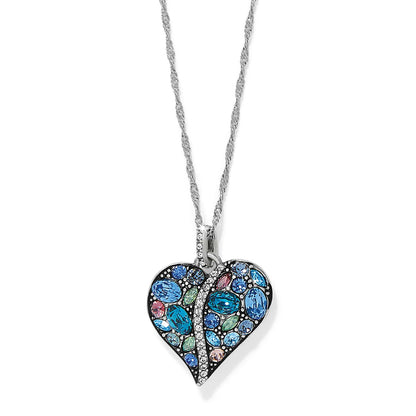 Brighton pendant necklace with multicolored crystal heart and silver-plated chain on a white background