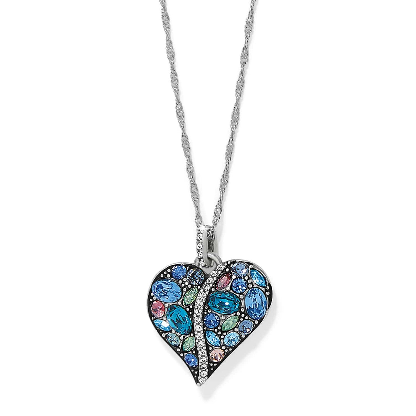 Brighton pendant necklace with multicolored crystal heart and silver-plated chain on a white background