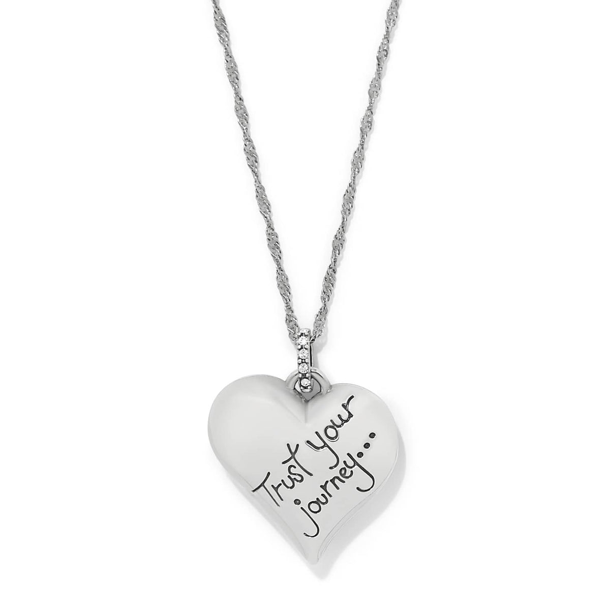 Brighton heart pendant necklace with silver-plated finish, engraved Trust Your Journey, and crystal accents on a white background